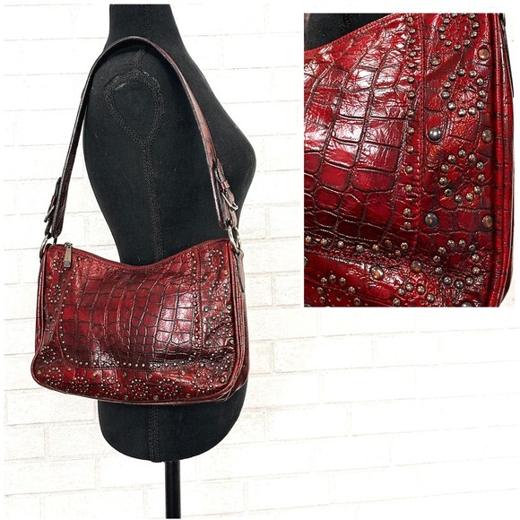 Berge Handbags - Berge Italy Burgundy Leather Croc Shoulder Bag Studded Purse Y2K Boho Western